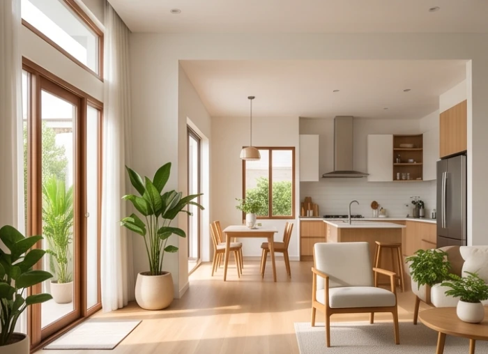Bố cục ngôi nhà hài hòa phân chia khu vực cửa chính và nhà bếp để phù hợp với cả hai vợ chồng