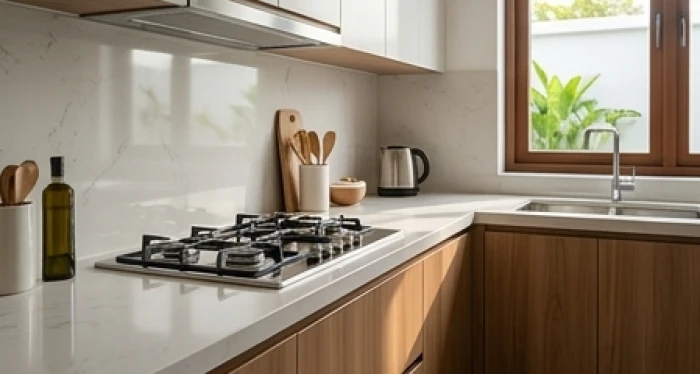 Gian bếp hiện đại với khu vực bếp nấu xoay về hướng lành cách xa bồn rửa bệ đá gọn gàng và thoáng đãng