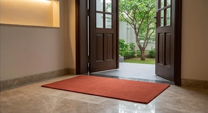 Tấm thảm trải sàn màu đỏ cam đặt ngay mép cửa chính để ngăn hung khí cho ngôi nhà