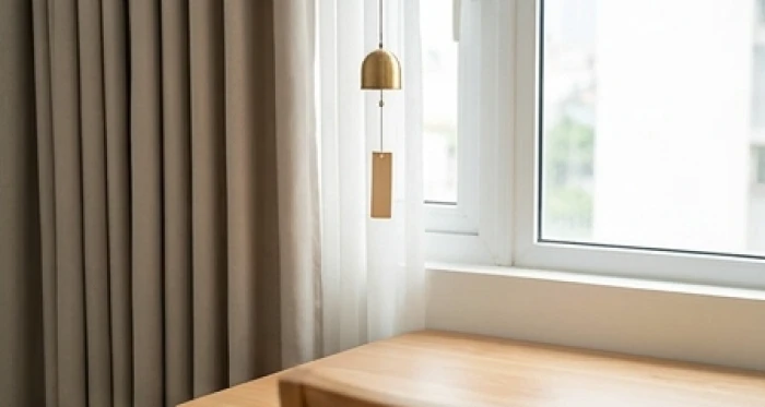 Góc bàn học cạnh cửa sổ được treo rèm vải dày và chuông gió đồng nhỏ để hóa giải phương vị xấu cho bé