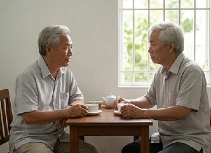 Hai người lớn tuổi đang ngồi uống trà và trò chuyện điềm đạm, thể hiện sự thấu hiểu dù có những khác biệt quan điểm