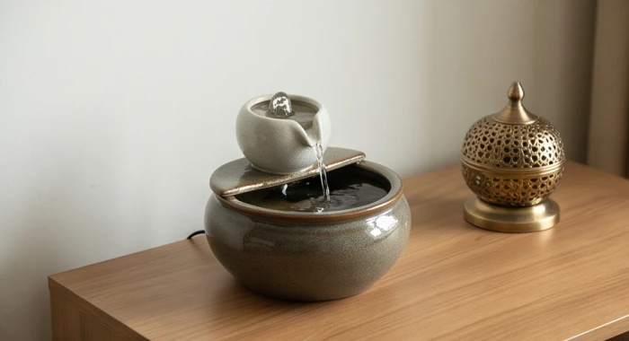 Thác nước phong thủy bằng gốm sứ đặt cạnh thanh gươm trang trí để hóa giải sự xung khắc ngũ hành