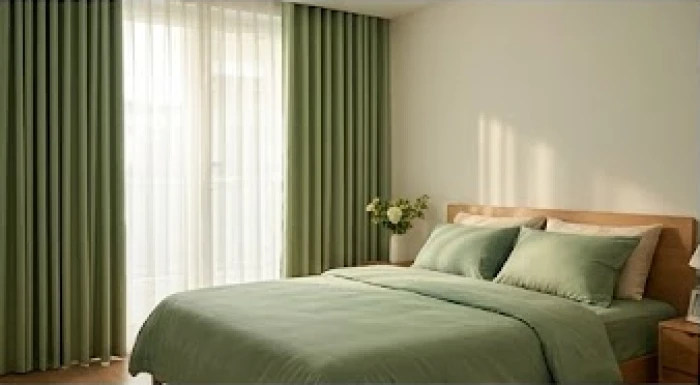 Không gian phòng ngủ được trang bị rèm cửa và ga trải giường màu xanh lá giúp làm dịu sát khí