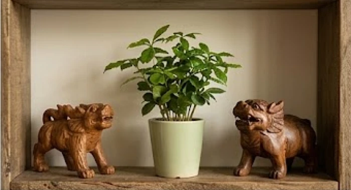 Chậu cây xanh nhỏ nhắn được dùng làm vật ngăn cách năng lượng giữa các bức tượng chạm khắc hình thú