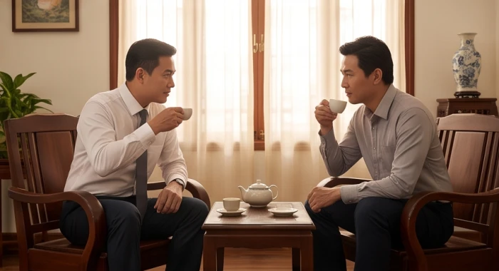 Hai đối tác làm ăn đang ngồi uống trà và thảo luận một cách thận trọng trong không gian phòng khách