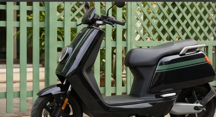 Chiếc xe máy điện màu đen được trang trí thêm viền decal xanh lá cây để trung hòa năng lượng