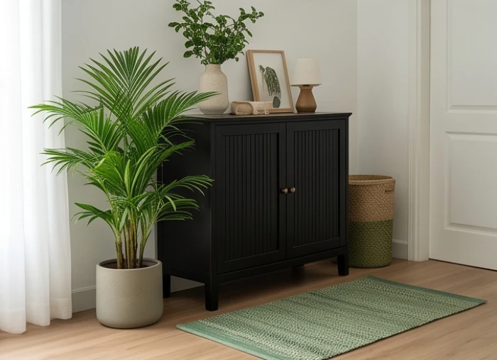 Sơ đồ bài trí nội thất dùng cây xanh và thảm xanh lục làm cầu nối hóa giải xung khắc giữa đồ dùng màu đen và mệnh Hỏa