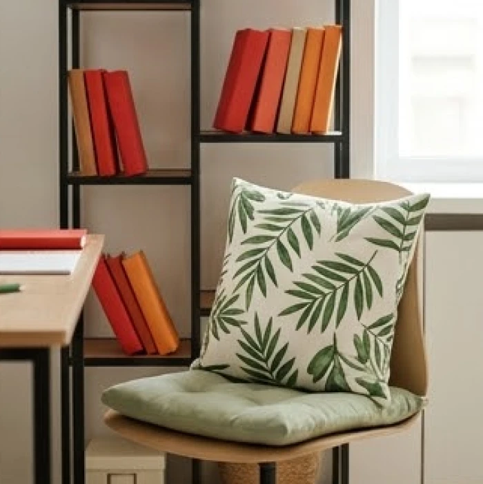 Gối tựa lưng họa tiết lá cây xanh mát đặt trên ghế bàn học giúp trung hòa năng lượng cho giá sách kim loại màu đen