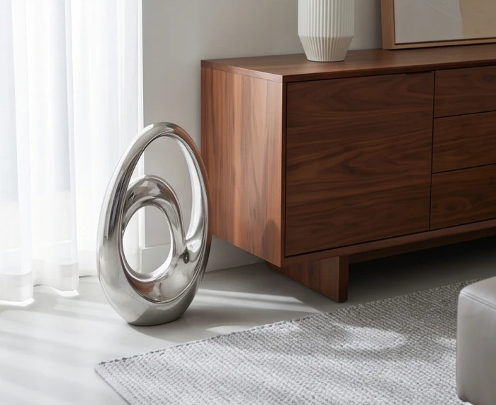 Đồ trang trí kim loại màu bạc trắng đặt cạnh tủ gỗ phòng khách làm cầu nối trung hòa cho gia chủ Nhâm Tuất