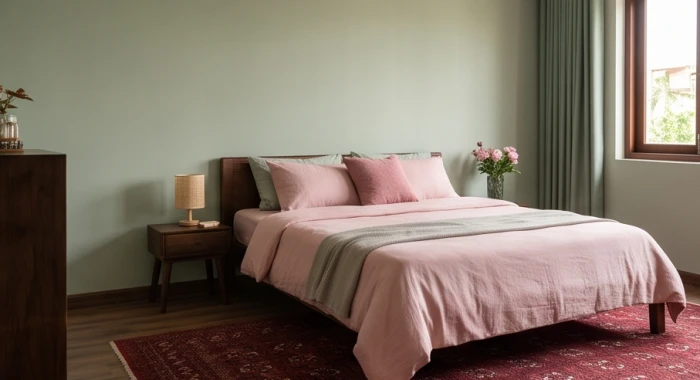 Phòng ngủ có tường màu xanh nhẹ được hóa giải bằng ga trải giường màu hồng pastel cùng thảm sàn đỏ mận