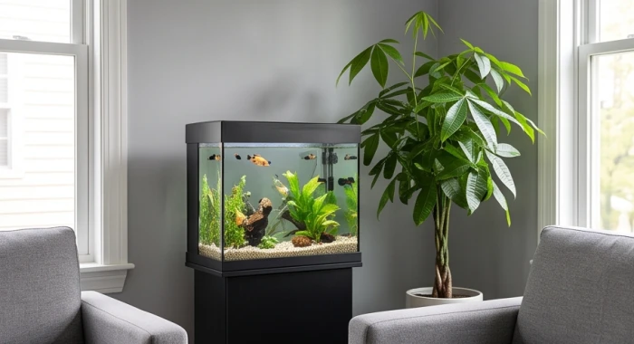 Bể cá thủy sinh và cây xanh lá lớn được đặt trong phòng khách màu xám để hóa giải năng lượng hành Kim