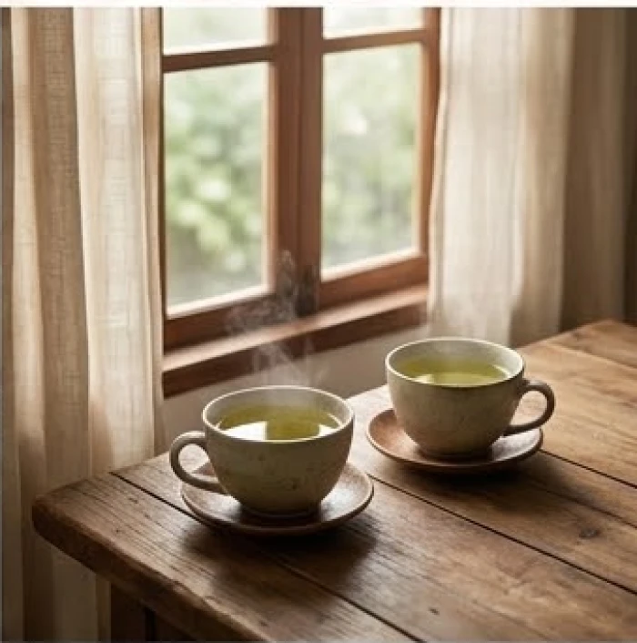 Hai ly trà nóng trên bàn gỗ cạnh cửa sổ thể hiện sự bình tâm sau khi hạ nhiệt cảm xúc
