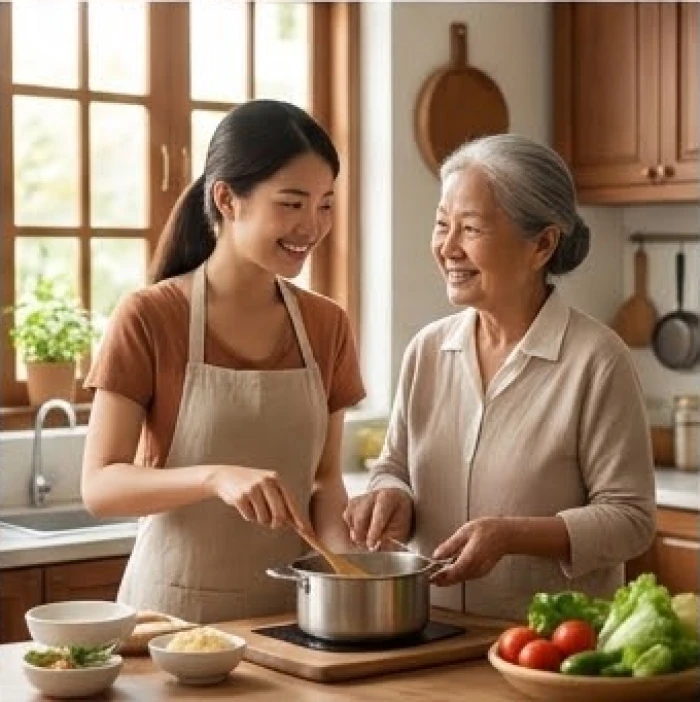 Cô con gái trẻ vui vẻ nhờ mẹ lớn tuổi hướng dẫn cách nấu một món ăn truyền thống gia đình