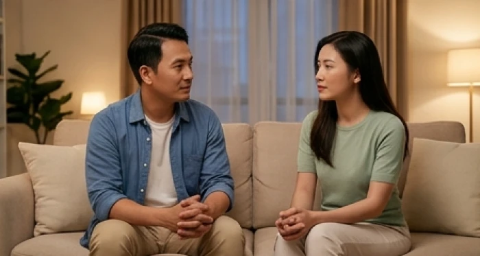 Cặp vợ chồng ngồi trò chuyện cởi mở và thấu hiểu bên bàn trà sau khi đã dành thời gian giữ bình tĩnh để hóa giải xung đột