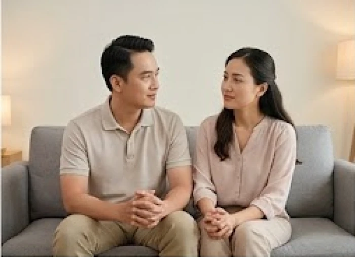 Hai vợ chồng lắng nghe và cùng nhau thảo luận nhẹ nhàng tại phòng khách để tháo gỡ mâu thuẫn tình cảm