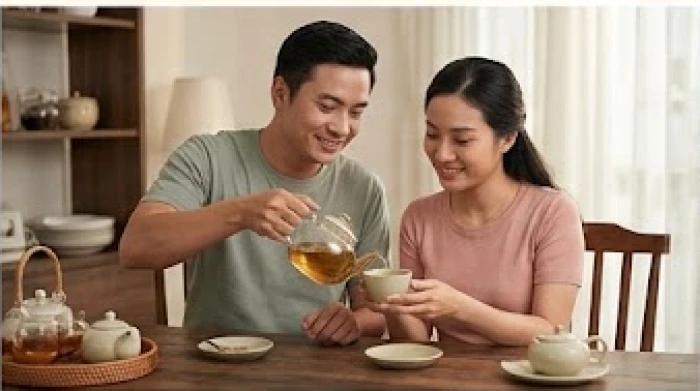 Người chồng pha trà mời vợ để làm dịu bầu không khí căng thẳng sau những bất đồng nhỏ trong sinh hoạt