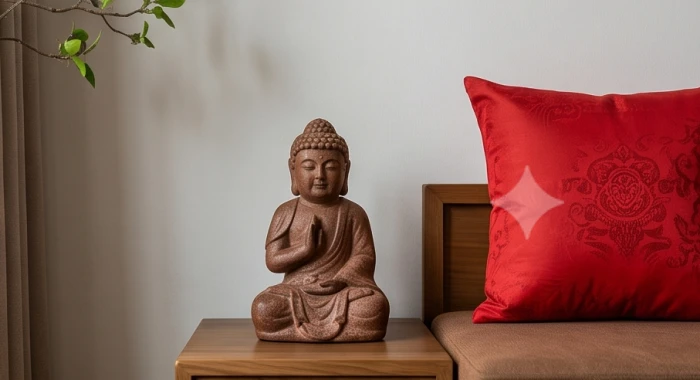 Một bức tượng gốm sứ nhỏ màu nâu đất được sắp đặt tinh tế bên cạnh chiếc gối tựa màu đỏ để tạo cầu nối tương sinh ngũ hành