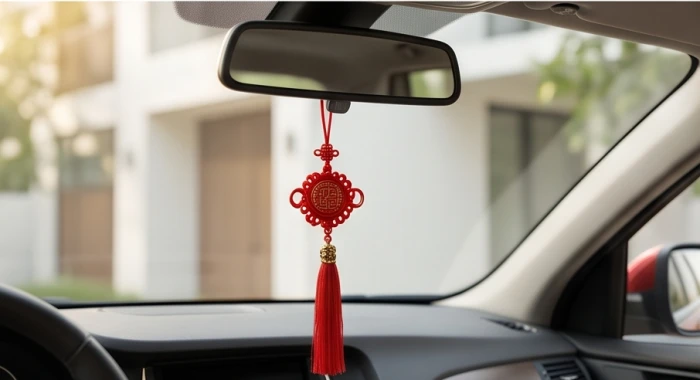 Khánh treo xe phong thủy màu đỏ với tua rua cát tường giúp trung hòa năng lượng xung khắc trong khoang lái xe