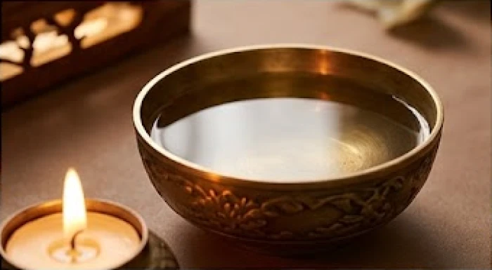 Chậu nước nhỏ và ngọn nến đang cháy thể hiện sự tương khắc giữa hai hành thủy và hỏa