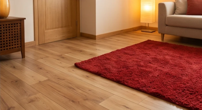 Không gian phòng khách kết hợp sàn gỗ với thảm trải sàn màu đỏ ấm áp để cân bằng khí trường
