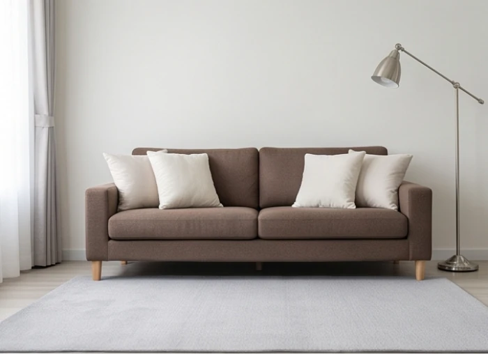 Bộ ghế sofa nâu đất lót trên thảm xám bạc cùng gối tựa viền kim loại giúp hóa giải màu kỵ