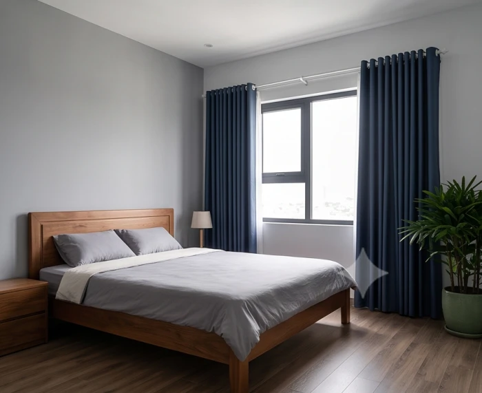 Phòng ngủ sơn tường xám được hóa giải phong thủy nhờ rèm cửa màu xanh biển sẫm và tủ kệ gỗ tự nhiên