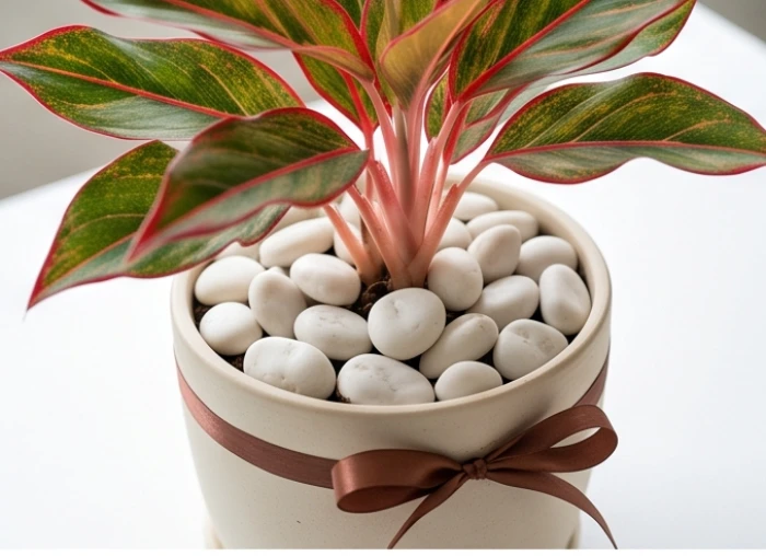 Chậu cây Phú Quý lá đỏ được phủ lớp sỏi trắng trên mặt đất và thắt dải ruy băng nâu đất quanh chậu