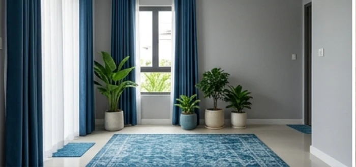 Khu vực sảnh đón bố trí rèm và thảm xanh hóa giải màu sơn nhà hợp tuổi Mão chưa chuẩn