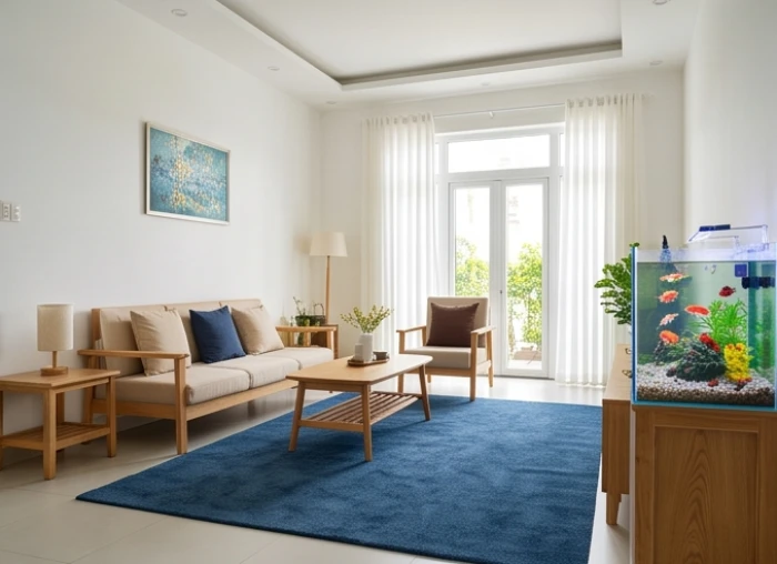 Bể cá thủy sinh nhỏ đặt góc phòng khách giúp trung hòa năng lượng Kim tương khắc hành Mộc