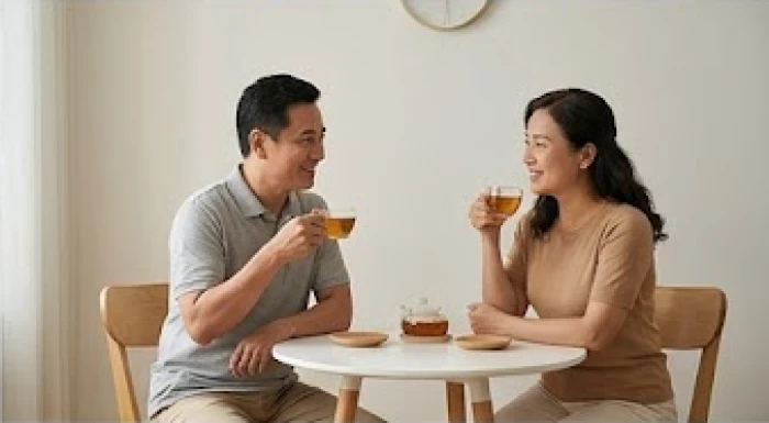Vợ chồng tuổi trung niên ngồi uống trà tâm sự để phá vỡ khoảng cách lạnh nhạt trong đời sống