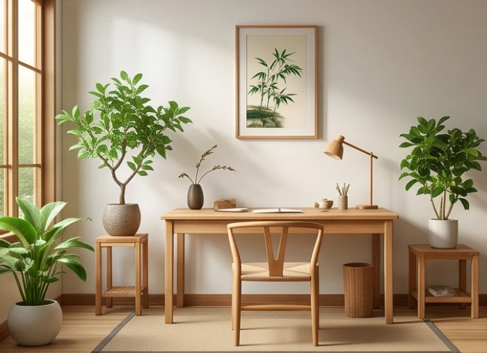 Cây xanh và nội thất gỗ trong phòng làm việc hỗ trợ cải thiện sinh khí cho người gặp sao Bệnh