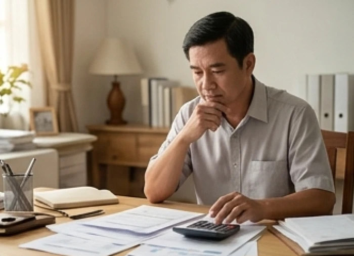 Người đàn ông trầm tư ngồi làm việc trước sổ sách phản ánh áp lực công việc của năm Thái Tuế