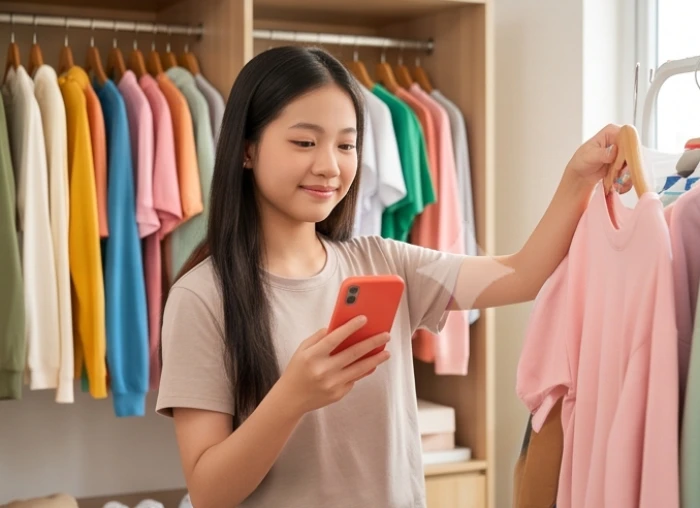 Nữ sinh tuổi Kỷ Sửu cầm ốp lưng điện thoại màu đỏ cam phối trang phục hài hòa hóa giải sao Thái Bạch