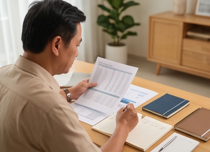 Gia chủ nam cẩn trọng rà soát sổ sách tài chính và kế hoạch chi tiêu kinh doanh trong phòng làm việc