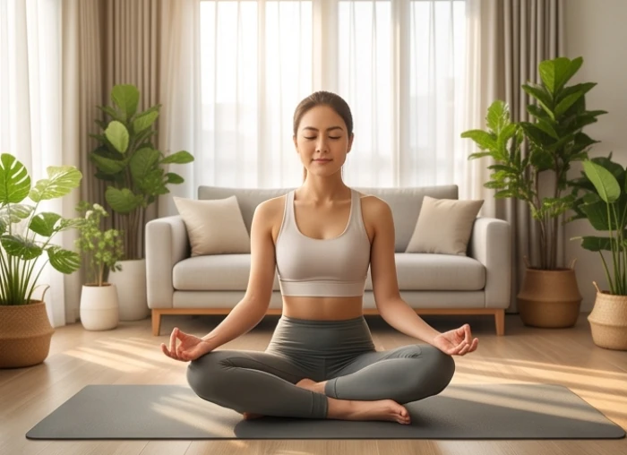 Phụ nữ tuổi Quý Dậu ngồi thiền tĩnh tâm trong không gian phòng khách ngập tràn ánh sáng tự nhiên