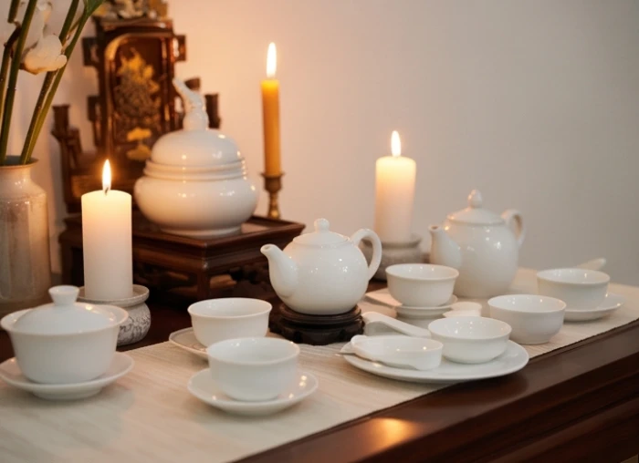 Ngọn nến lung linh và bài vị màu trắng bài trí trang nghiêm trên bàn lễ hóa giải sao hạn Thái Bạch cầu bình an