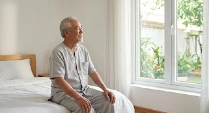 Cụ ông mặc bộ trang phục linen màu xám trắng ngồi đọc sách trong phòng ngủ sáng sủa thoáng đãng