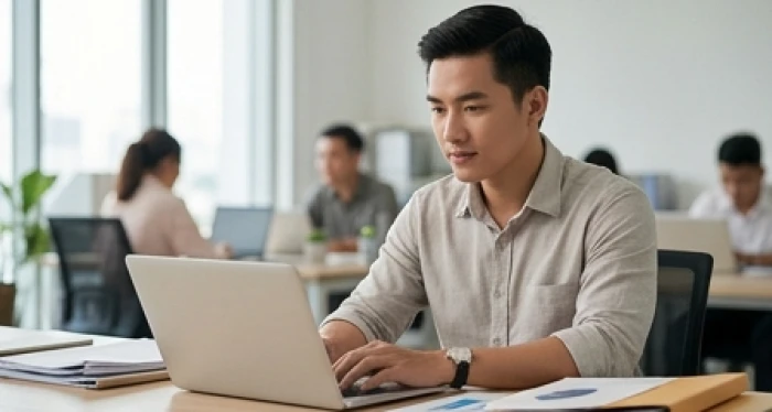 Nam nhân viên văn phòng tập trung xử lý công việc với thái độ bình tĩnh để hạn chế những tranh chấp không đáng có