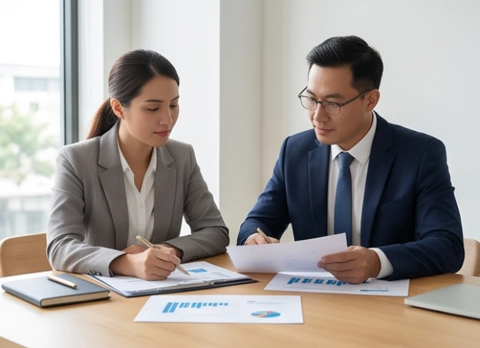 Hai đối tác kinh doanh cẩn trọng kiểm tra sổ sách tài chính trong giai đoạn hạn tam tai của tam hợp tuổi ngọ