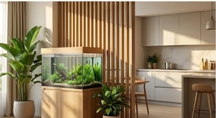 Bức bình phong bằng gỗ chạm khắc tinh xảo đặt giữa khu vực bể cá cảnh và không gian bếp nấu