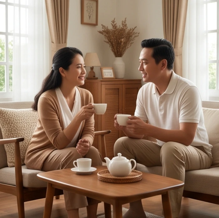 Người vợ tuổi Dần và chồng trò chuyện vui vẻ bên bàn trà gia đình, thể hiện sự thấu hiểu và sẻ chia trong hôn nhân