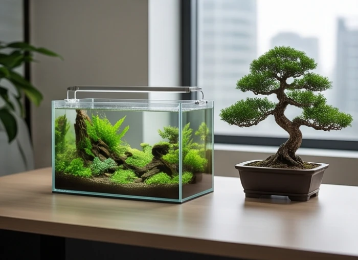 Bàn làm việc bố trí một bể cá thủy sinh nhỏ và chậu cây xanh giúp điều hòa năng lượng xung khắc phong thủy
