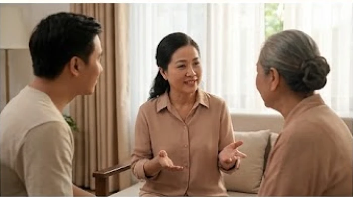 Thành viên thứ ba đóng vai trò hòa giải và kết nối trong cuộc trò chuyện giữa hai thế hệ