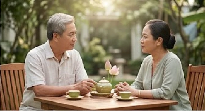 Đôi vợ chồng trung niên đang thảo luận ôn hòa bên tách trà sen trong không gian sân vườn tĩnh lặng