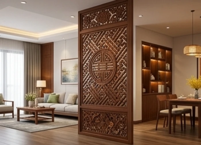 Bố trí vách ngăn phong thủy bằng gỗ chạm khắc tinh tế giúp giảm bớt sự ngột ngạt khi chung sống cùng người kỵ tuổi