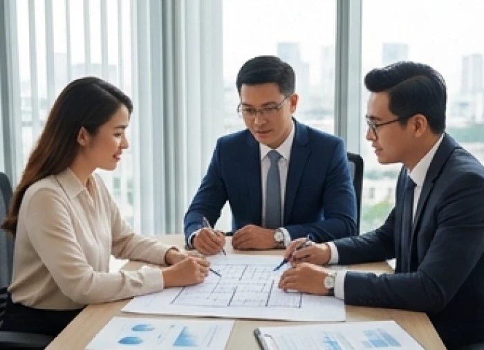 Ba đối tác kinh doanh cùng ngồi bàn bạc thống nhất chiến lược trong phòng họp văn phòng chuyên nghiệp