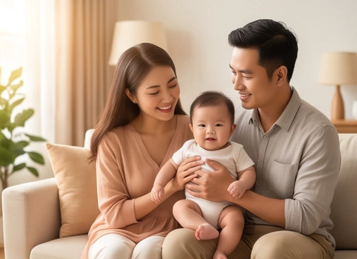 Gia đình trẻ quây quần hạnh phúc bên con nhỏ mang ngũ hành trung hòa nhằm hóa giải xung khắc tuổi vợ chồng