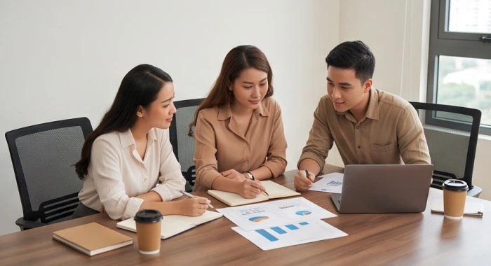 Buổi họp nhóm làm việc hài hòa có người quản lý trung gian giúp điều phối công việc suôn sẻ