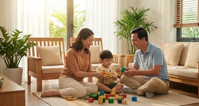 Gia đình hạnh phúc cùng con cháu quây quần vui đùa bên bàn trà trong phòng khách ấm cúng