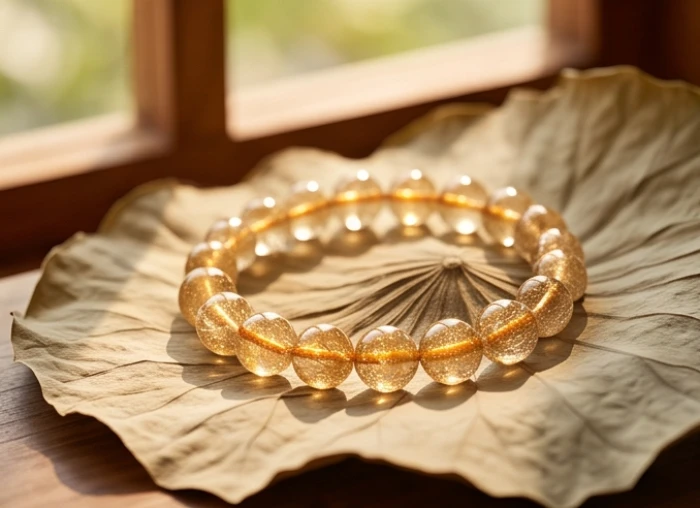 Vòng tay thạch anh tóc vàng lấp lánh đặt trên chiếc lá sen khô bên cạnh khung cửa sổ đón nắng.